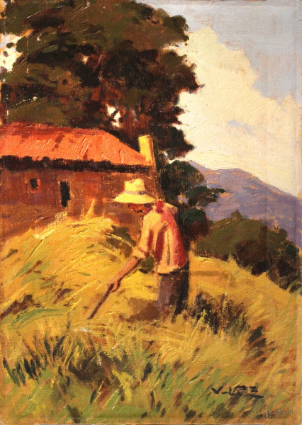 Angiolo Volpe - Raccolta del fieno, olio su tela, cm 35 x 50.