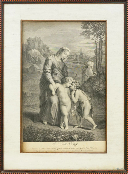 La Sainte Vierge - d'après un tableau original de Raphael qui est dans le Cabinet de Mon.le Duc d'Orléans, cm  45x29, incisore Nicolas de Larmessin (Parigi, 1684-1755), XVIII secolo,  entro cornice.