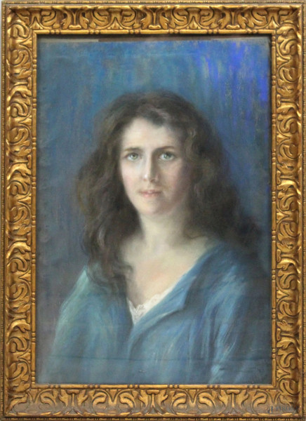 Ritratto di ragazza, pastello su cartoncino, cm 62x42, firmato e datato, entro cornice.