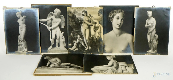 Sette fotografie ai sali d'argento raffiguranti opere d'arte, misure max cm 20,5x25,5, (difetti)
