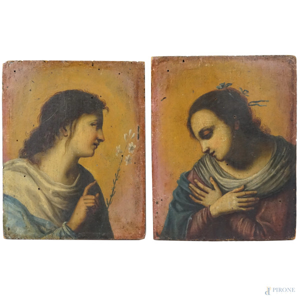 Scuola toscana del XVII secolo, Annunciazione, coppia di dipinti ad olio su tavola, cm 25x20