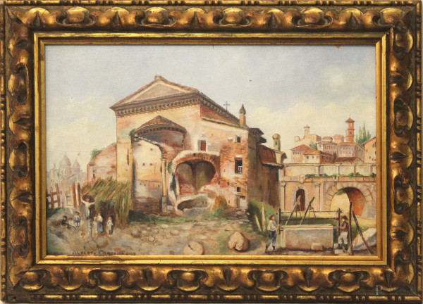 Scorcio di Roma antica, olio su tavola, cm 20x29, firmato, entro cornice.