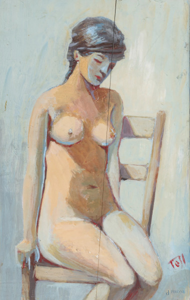 Nudo femminile seduto, olio su compensato, cm 34,5x22, firmato in basso a destra, (rotture, restauri)