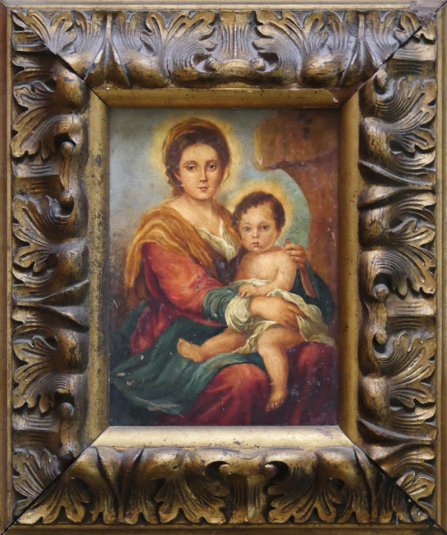 Madonna con Bambino, antico dipinto a olio su cartone, cm 17x24, entro cornice