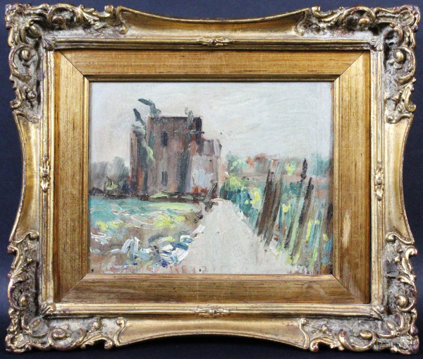 Attribuito a Luigi Crisconio (1893-1946), Paesaggio, olio su tavoletta, cm. 17,5x21,5, entro cornice.
