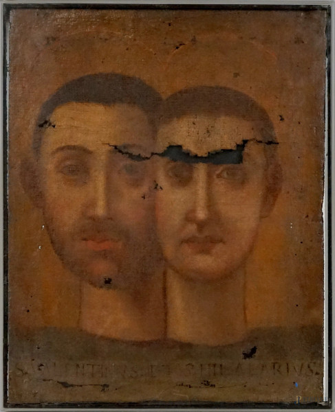 Pittore del XVII secolo, Teste dei Santi Valentino e Ilario martiri, olio su tela, cm 39x31, entro teca in plexiglass, (difetti alla tela)