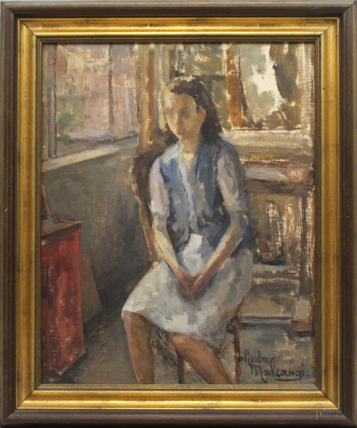 Interno di stanza con donna seduta, olio su tavola, cm 50x40, firmato Malcangi, entro cornice