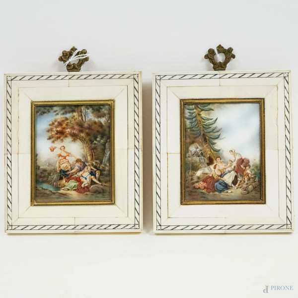 Coppia di miniature rappresentati "La chiromante" e "La pesca", da Francois Boucher, prima metà XX secolo, cm 8,5x6,7, entro cornice