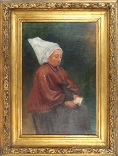 Donna con libro, olio su tela, cm50x32,5, firmato M. De Gregorio, entro cornice