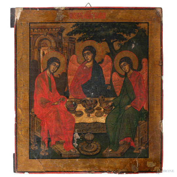 Icona raffigurante Cristo con arcangeli, XIX secolo,  tempera su tavola, cm 24x22, (segni di usura, difetti, sollevamenti e cadute di colore, mancanze, restauri)