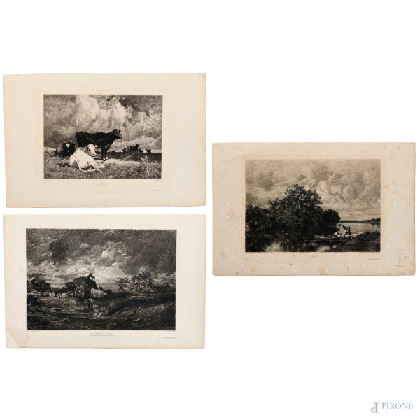 Théophile Chauvel (1831-1909) Lotto di tre acqueforti da "L'Art" 1860/1870, misure massime foglio cm 29x43,5, (segni di usura, foxing, tracce di umidità)