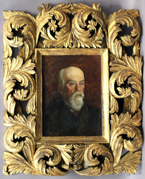 Ritratto di anziano, olio su tavola, datato Venezia, 1909, cm 39 x 29, entro cornice intagliata.