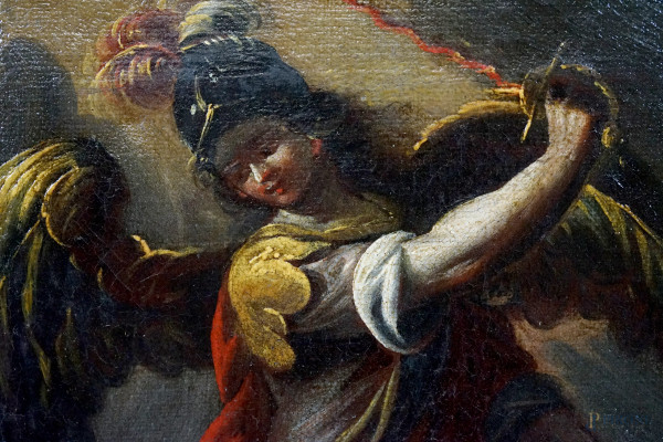 Scuola italiana del XVIII secolo, L'arcangelo Michele sconfigge il demonio, olio su tela, cm 24x1...
