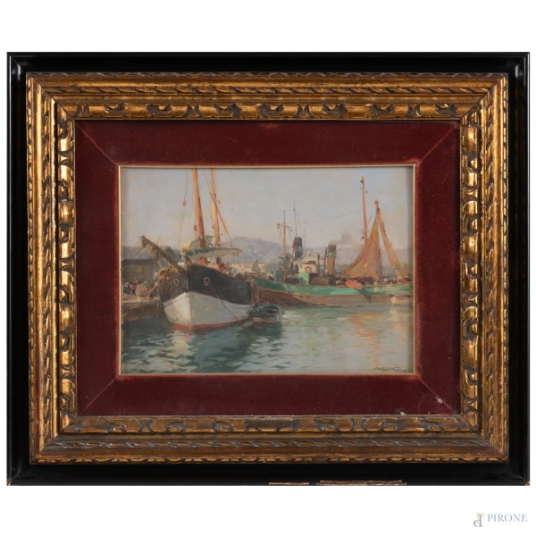 Achille Beltrame (1871-1945), Barche a Lerici, olio su compensato, cm 25x35, firmato in basso a destra, entro cornice