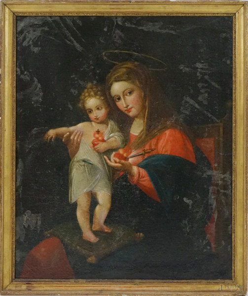 Pittore del XVIII-XIX secolo, Madonna col Bambino e Sacro Cuore, olio su tela, cm 75x62, entro cornice, (restauri)