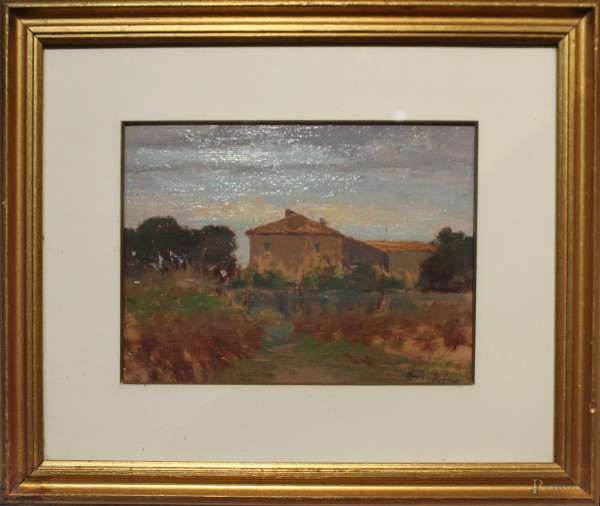 Adolfo Tommasi - Paesaggio con casolare, olio su tavola, cm 17 x 23, entro cornice.