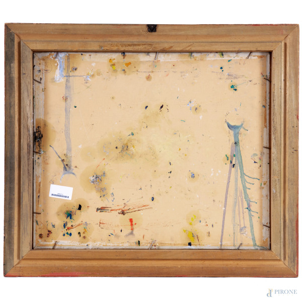 Lungo il fiume, acrilico su cartone telato, cm 49x58,5, firmato in basso a destra, entro cornice