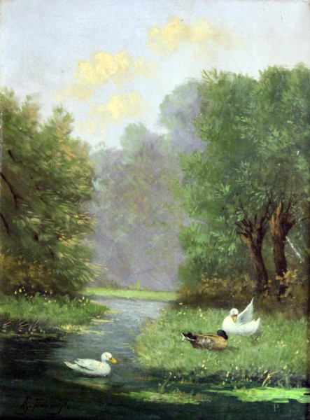 Paesaggio con lago e papere, olio su tela, cm 43x31, entro cornice firmato R.Fornis.