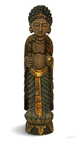 Divinità orientale, scultura in legno diponto e dorato, inizi XX sec., h. cm 98.