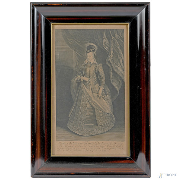 Gran Duchessa di Toscana, XX secolo, incisione su carta, cm 54x32, entro cornice, (umidità, gore, difetti)