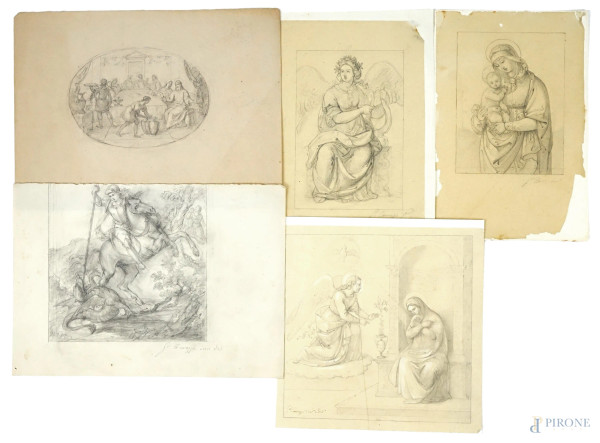 Gabriele Cavazzi - Lotto di cinque disegni a matita su carta e su carta velina