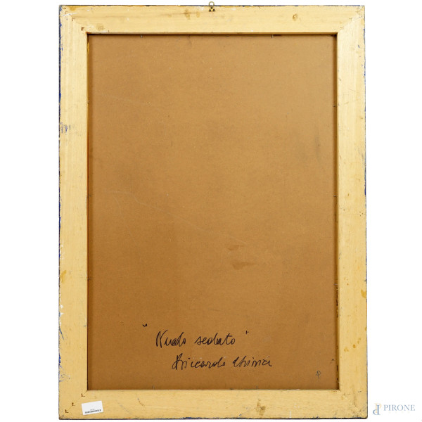 Nudo, olio su compensato, firmato e titolato sul retro, cm 99.5x70, entro cornice