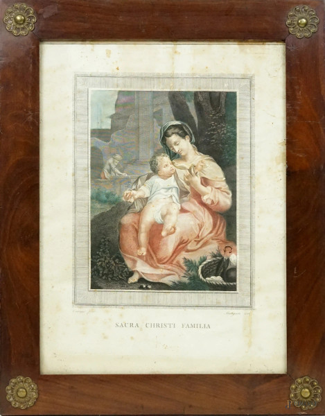 Sacra Christi familia, incisione acquarellata, cm 44x33, Correggio (1489-1534) e Bortignoni Giuseppe (1778-1860), entro cornice, (difetti)