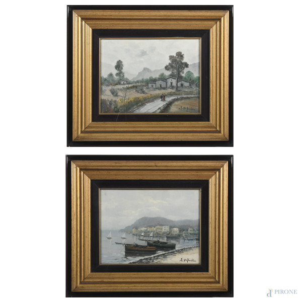Coppia di dipinti raffiguranti paesaggi, XX secolo, olio su compensato, cm 40x50, firmati in basso a destra, entro cornice