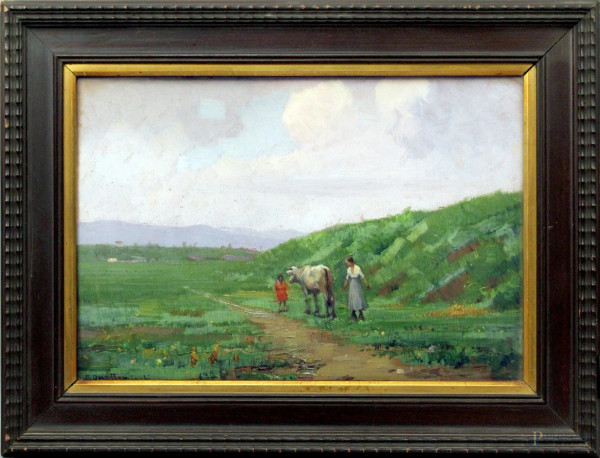 Domenico Quattrociocchi - Paesaggio con contadine e mucca, olio su tavola cm 28x40, entro cornice.