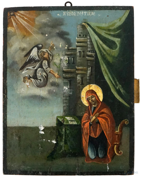 Icona raffigurante l'Annunciazione, olio su tavola, cm 26,5x20,5, XX secolo, (difetti).