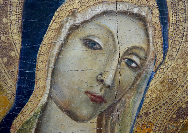 Anonimo senese del XIX-XX secolo, Madonna con il Bambino in trono, olio su tavola, cm 118,5x53,5