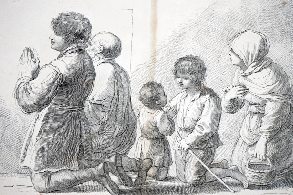 Francesco Bartolozzi (1727-1815), In preghiera, da Guercino, acquaforte, cm 37x47, (difetti sulla carta)