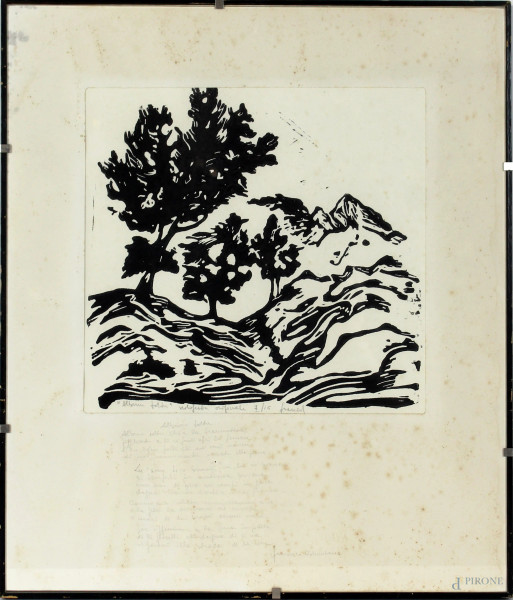 Paesaggio con alberi, xilografia, cm.41x35, con firma e dedica dell&#39;autore, entro cornice.