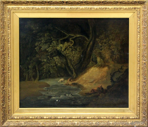 Scorcio di bosco con ruscello e figure, pittore del XIX°sec. ad olio su tela, 64x77 cm, entro cornice