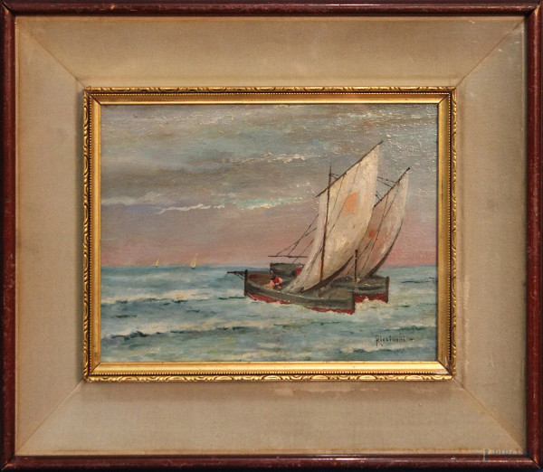 Scorcio di mare con barche, olio su tavola 18x24 cm, firmato, entro cornice.