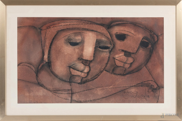 Volti, XX secolo, tecnica mista su carta, cm 40x68, firmato in basso a destra, entro cornice, (ondulazioni della carta, lievi segni di usura)