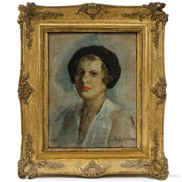 Donna con berretto, olio su tela, cm 46,5x35,5, firmato Milly, entro cornice.