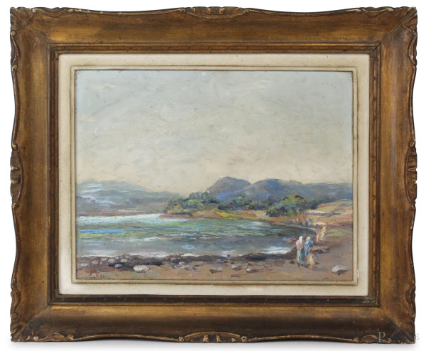Paesaggio lacustre con figure, olio su tavola, cm 30x41, siglato e datato '38, entro cornice.