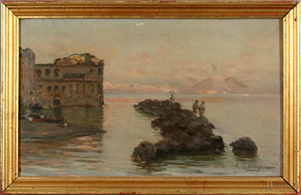 Veduta del palazzo Donn&#39; Anna, olio su tavola, cm. 18,5x30,5, firmato A. Campriani.