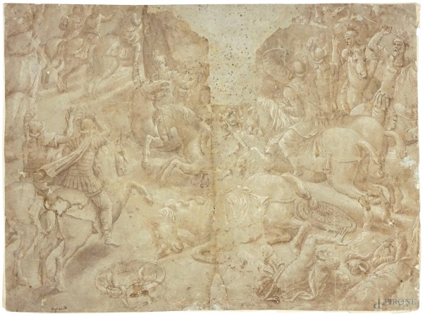 Seguace di Giulio Romano (c.1499-1546), Scena di battaglia, acquarello su carta applicata su cartoncino, cm 38x51, (difetti)