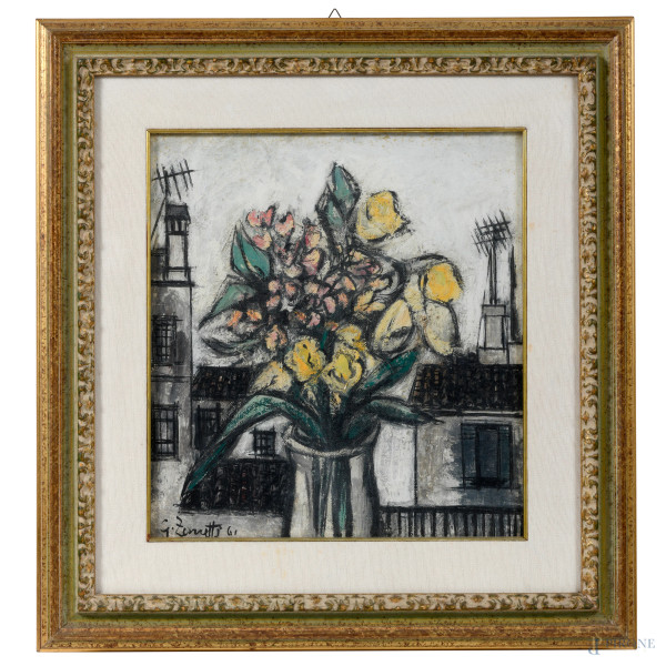 Vaso con fiori, XX ssecolo, tecnica mista su tela, cm 40x38, firmato in basso a sinistra, entro cornice