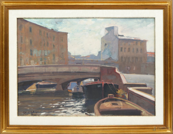 Ponte della Venezia - Livorno, olio su tela, cm 50x70, firmato, entro cornice