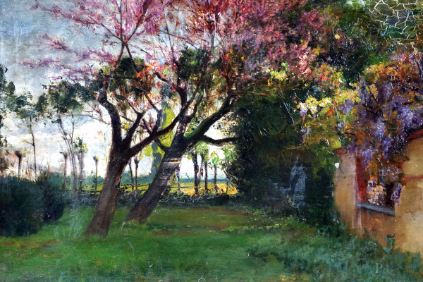 Paesaggio con alberi e casolare, olio su compensato, cm 33x48, firmato  L.Albarello, entro cornice - Asta ASTA DI ANTIQUARIATO E ARTE MODERNA -  Aste Pirone