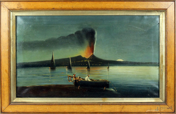 Eruzione notturna de Vesuvio, olio su tela, cm. 30x52, inizi XX secolo, entro cornice.