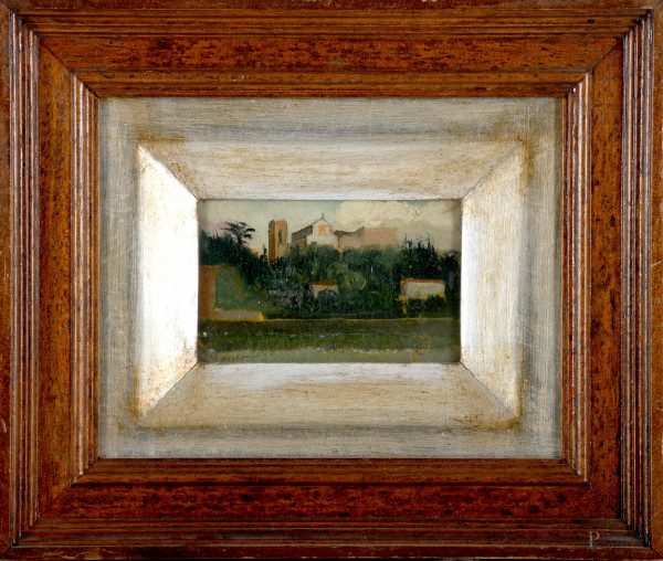 Paesaggio con chiesa, olio su tavola, XX secolo, cm 7,5x12 entro cornice, firmato S. Pollano in basso a sinsitra