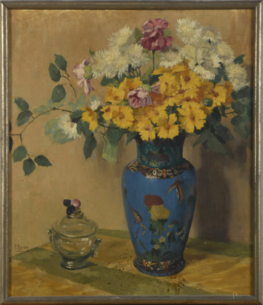 Paolo Baroni, Vaso con fiori, olio su tela, cm 70x60, firmato in basso a sinistra, entro cornice, (segni di usura, macchie)