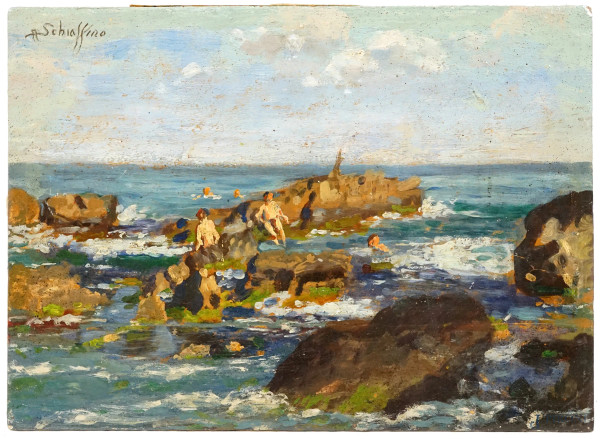 Marina ligure con bagnanti, olio su tavola, cm  19x26,5, firmato A. Schiaffino, (lievi difetti).