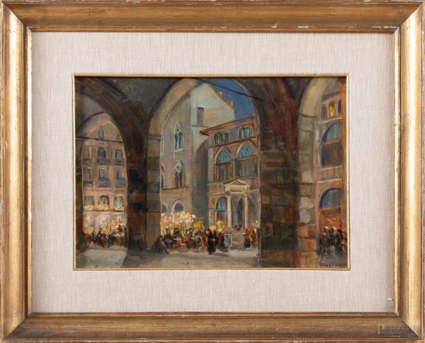Sotto il porticato, XX secolo, olio su compensato, cm 26x35, firmato in basso a destra, entro cornice, (lievi abrasioni e supporto lievemente imbarcato)