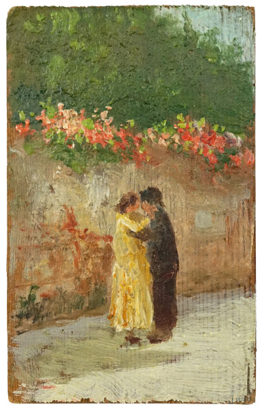 Innamorati, olio su tavola, cm 11x7, inizi XX secolo