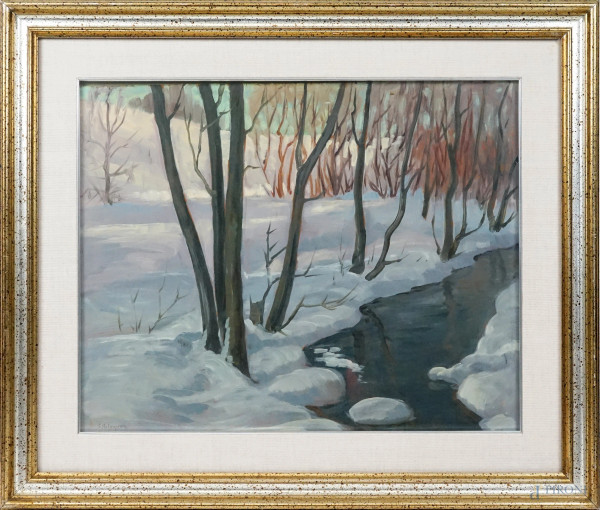 Scorcio fluviale innevato,  olio su masonite, cm 47x55 ca, firmato S. Holmgren, entro cornice.